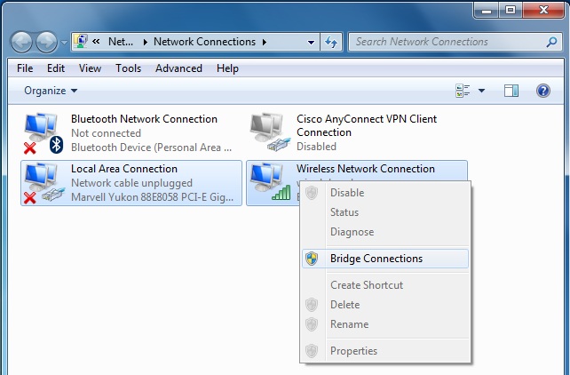 ms Windows 7에서 네트워크 연결을 실제로 브리징하는 것