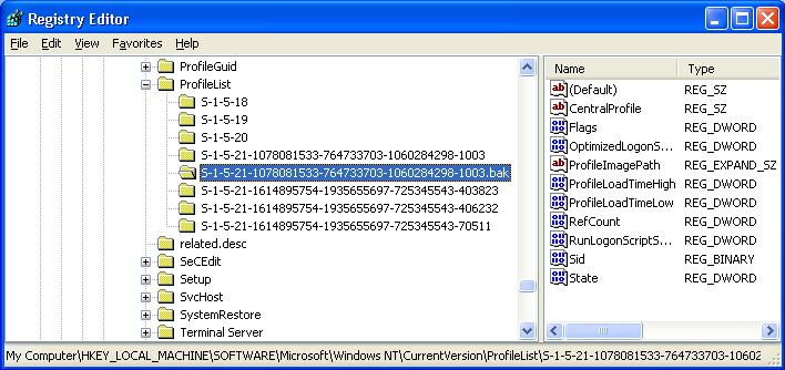 windows łatwy transfer tymczasowy profil Windows XP błąd